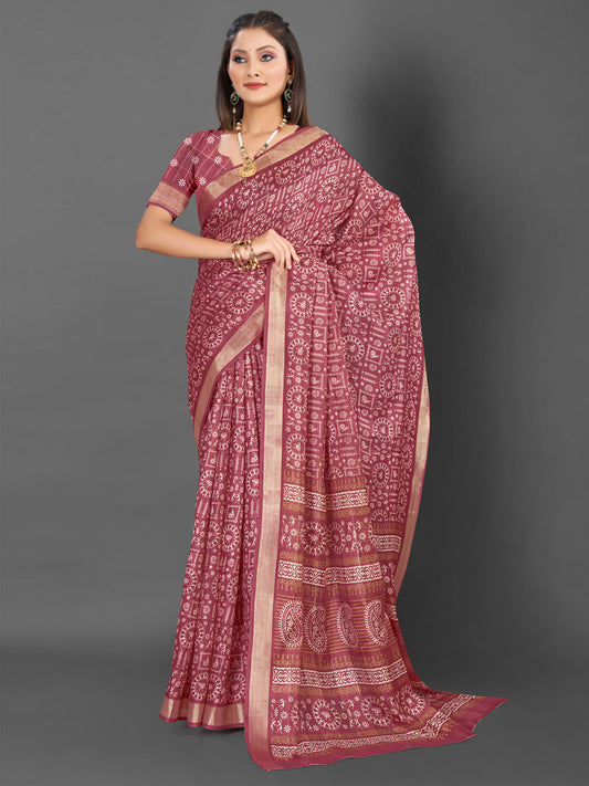 Women's Silk Blend Rose Gold Printed Designer Saree With Blouse Piece