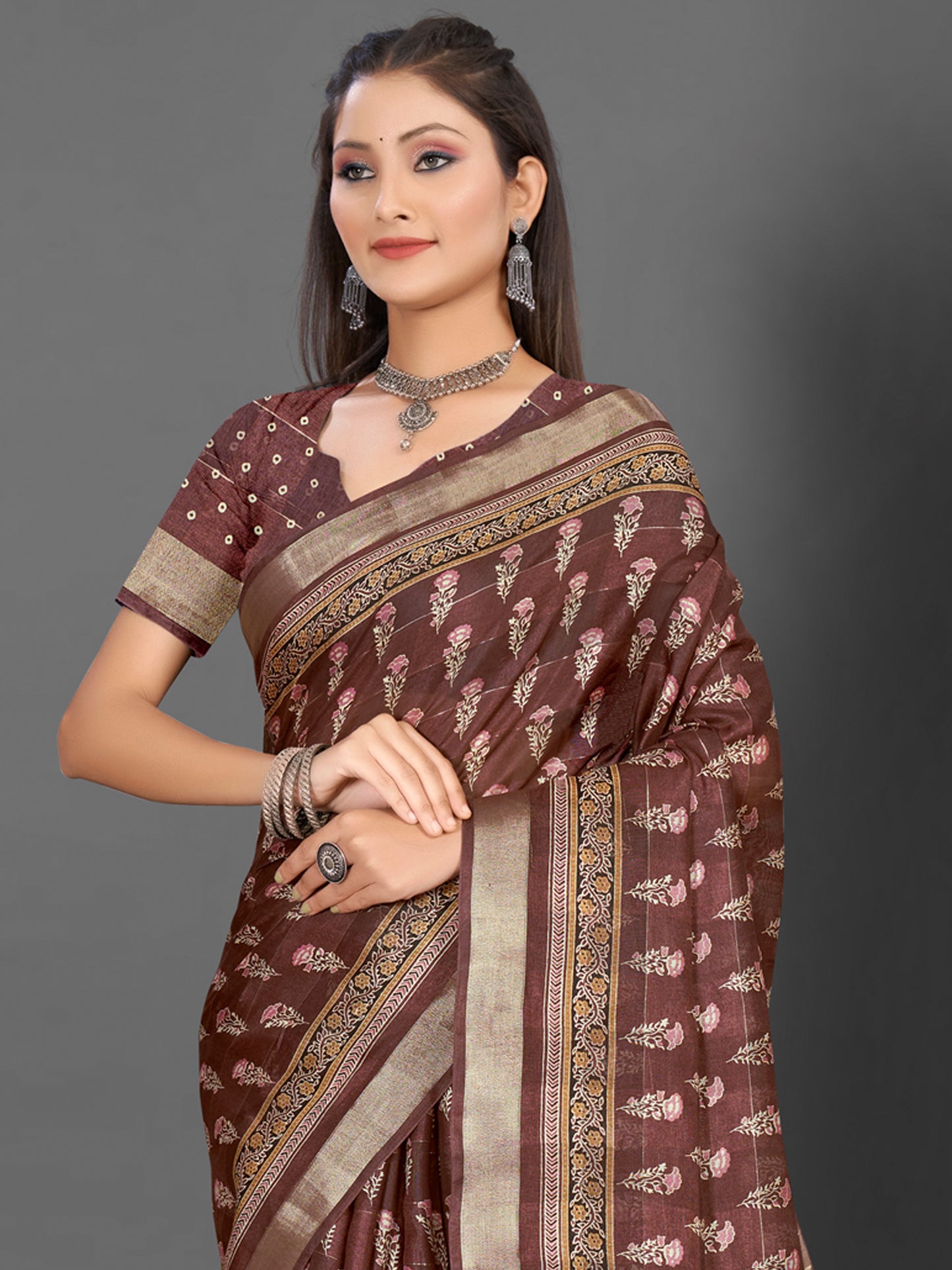 Women's Silk Blend Brown Printed Designer Saree With Blouse Piece