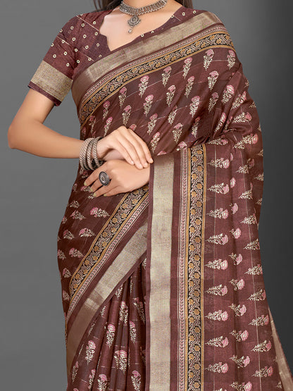 Women's Silk Blend Brown Printed Designer Saree With Blouse Piece