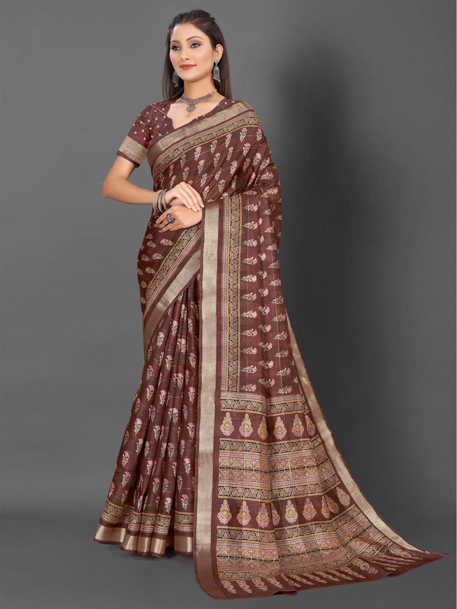 Women's Silk Blend Brown Printed Designer Saree With Blouse Piece