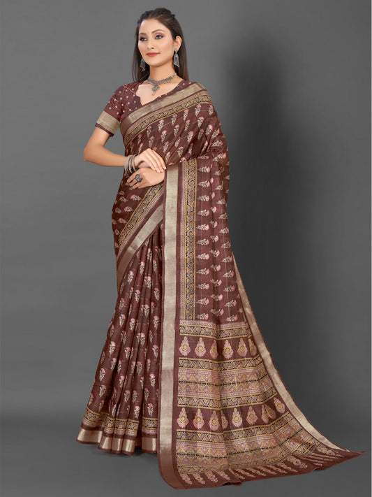 Women's Silk Blend Brown Printed Designer Saree With Blouse Piece