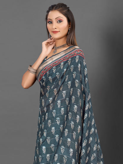 Women's Silk Blend Grey Printed Designer Saree With Blouse Piece