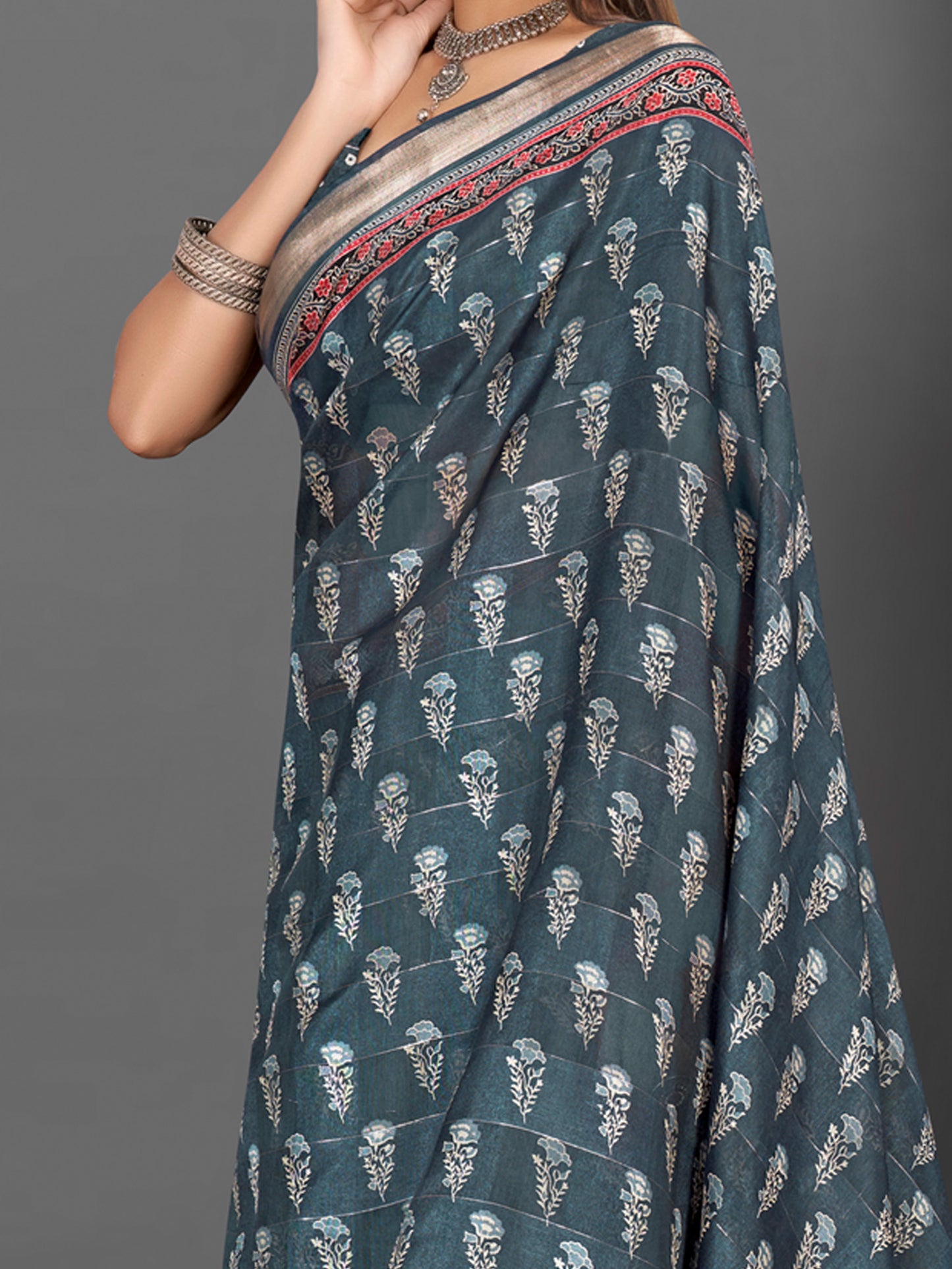 Women's Silk Blend Grey Printed Designer Saree With Blouse Piece