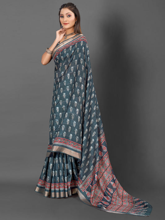 Women's Silk Blend Grey Printed Designer Saree With Blouse Piece