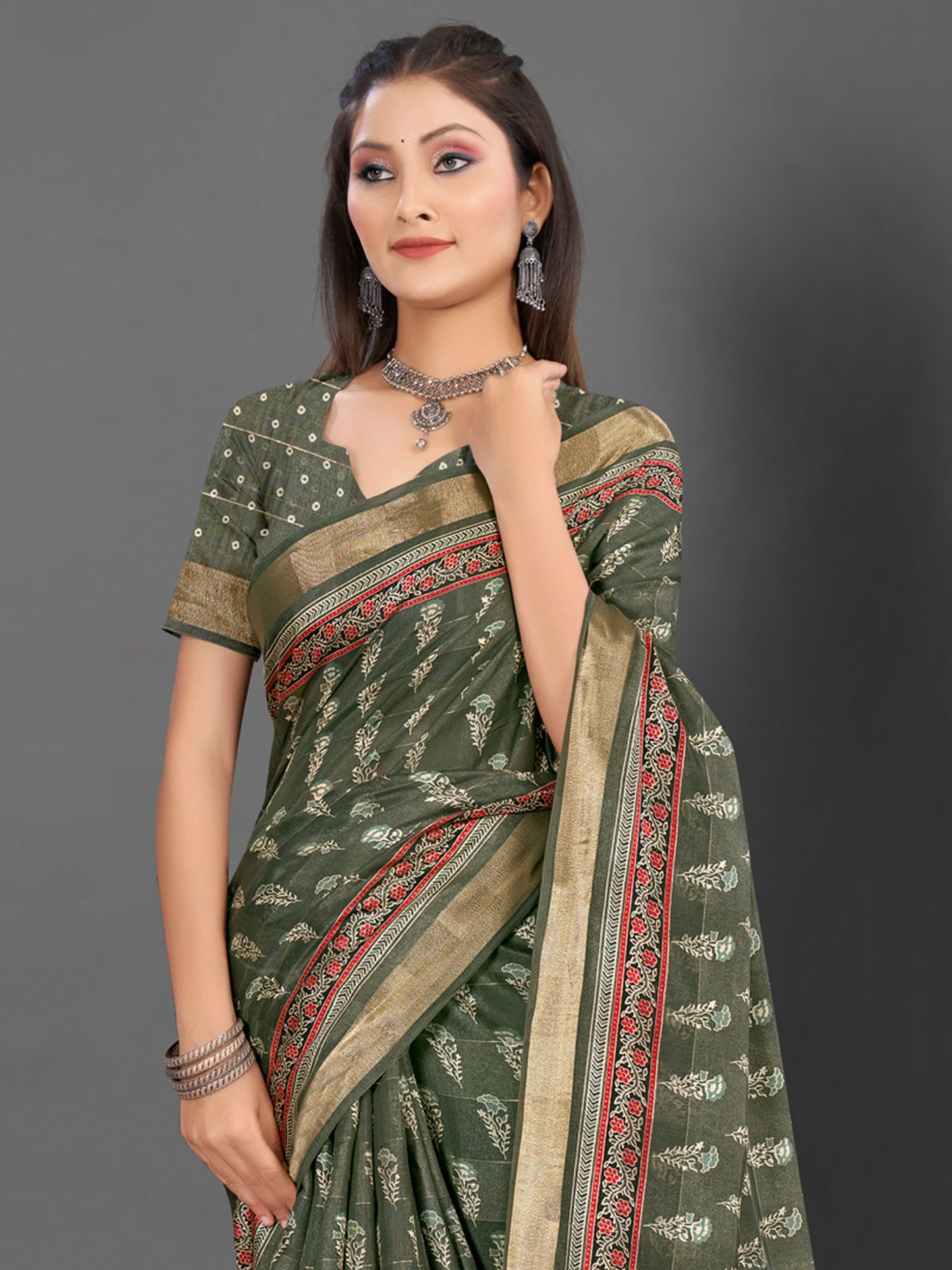 Women's Silk Blend Olive Printed Designer Saree With Blouse Piece