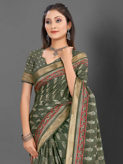 Women's Silk Blend Olive Printed Designer Saree With Blouse Piece