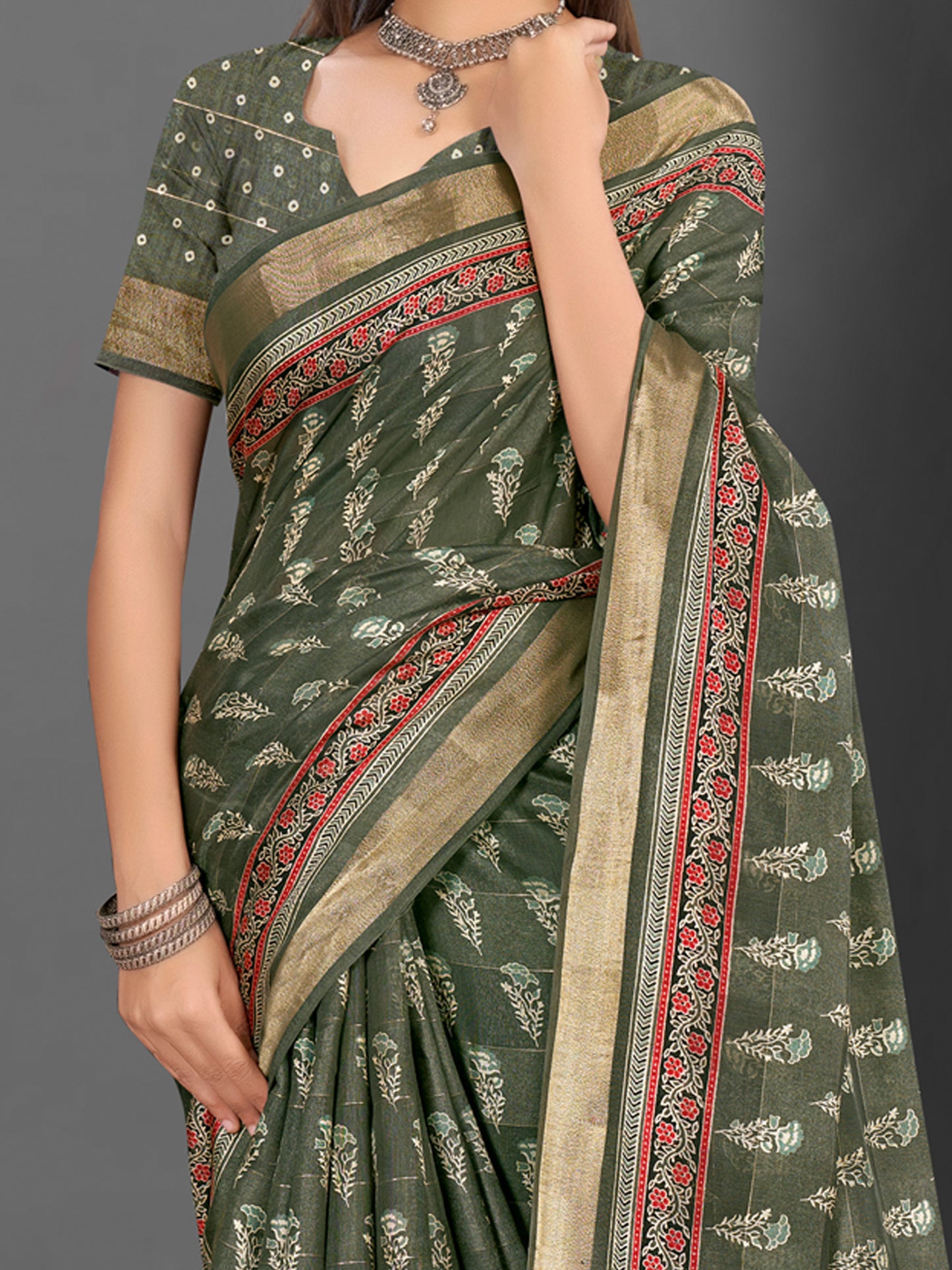 Women's Silk Blend Olive Printed Designer Saree With Blouse Piece