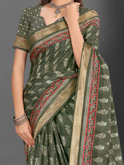 Women's Silk Blend Olive Printed Designer Saree With Blouse Piece
