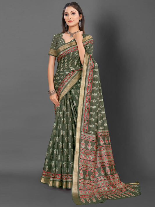 Women's Silk Blend Olive Printed Designer Saree With Blouse Piece