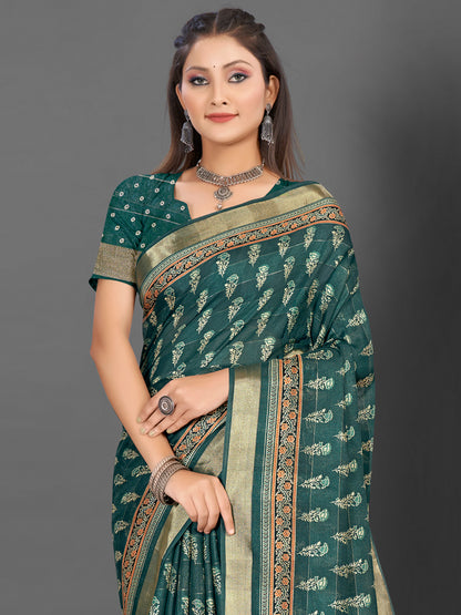 Women's Silk Blend Teal green Printed Designer Saree With Blouse Piece