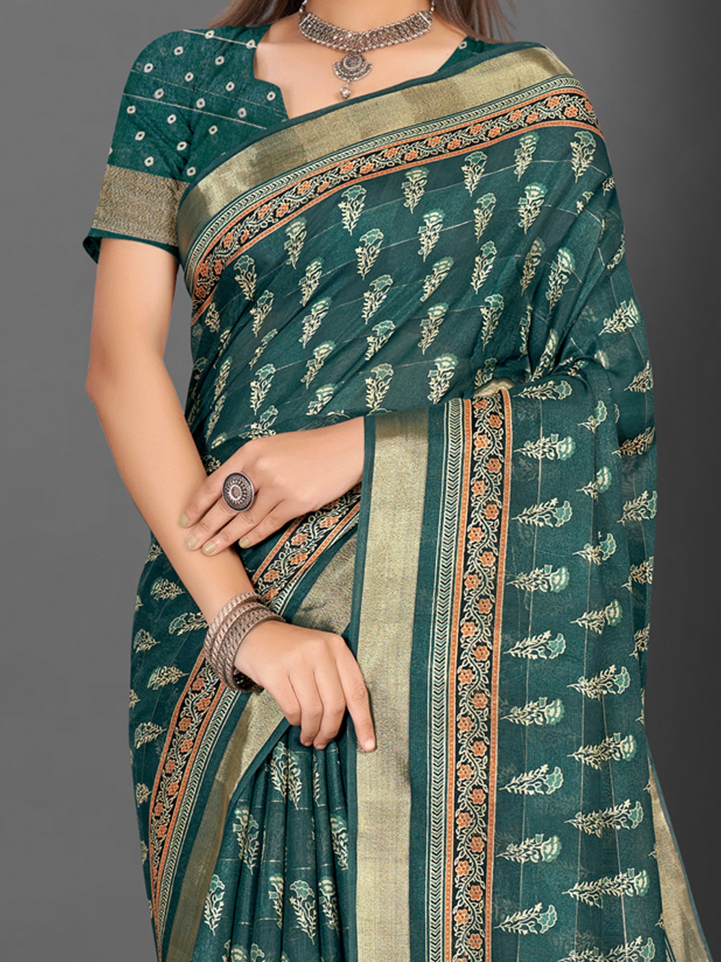 Women's Silk Blend Teal green Printed Designer Saree With Blouse Piece