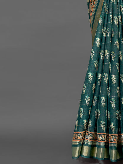 Women's Silk Blend Teal green Printed Designer Saree With Blouse Piece