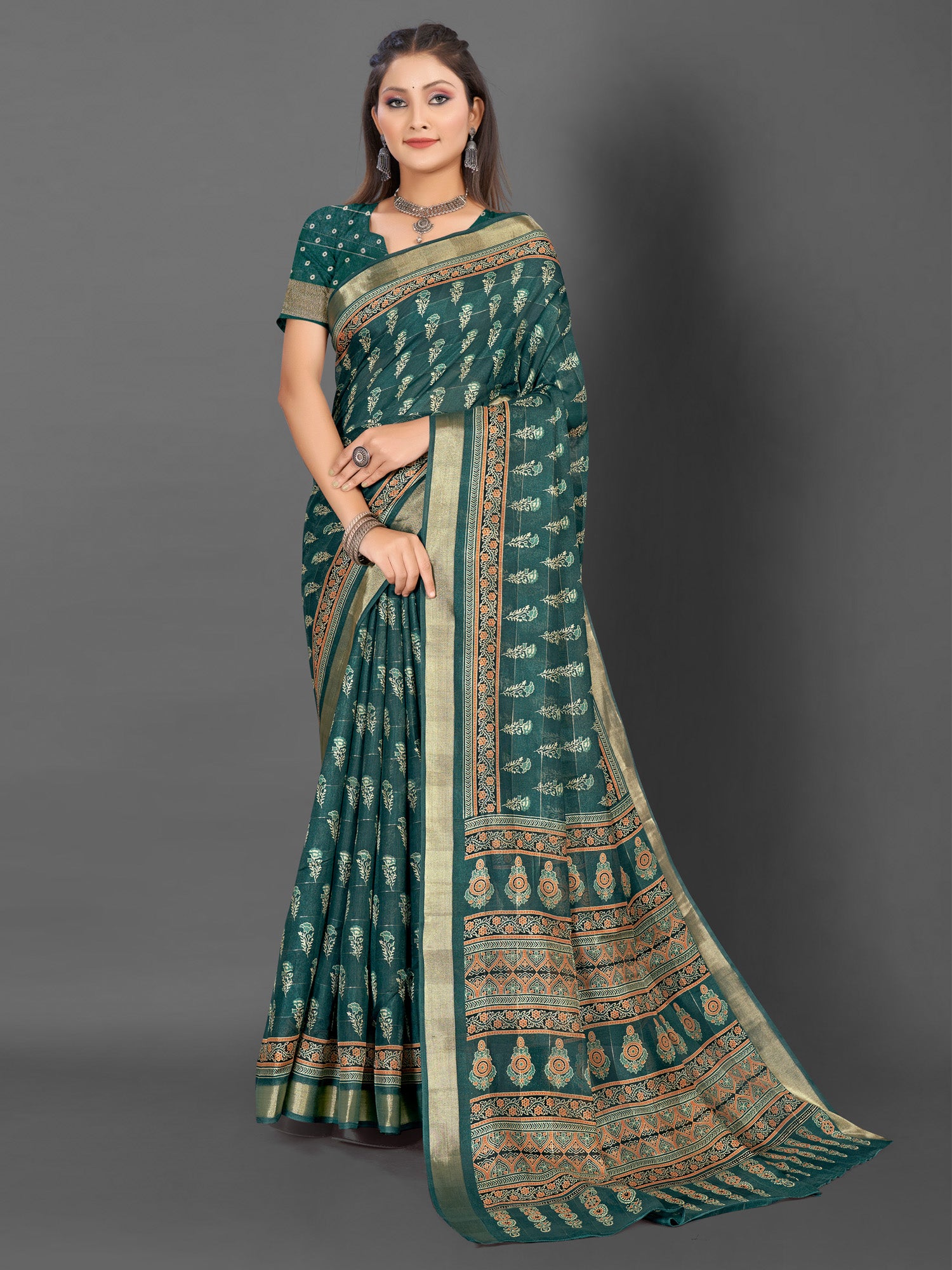 Women's Silk Blend Teal green Printed Designer Saree With Blouse Piece