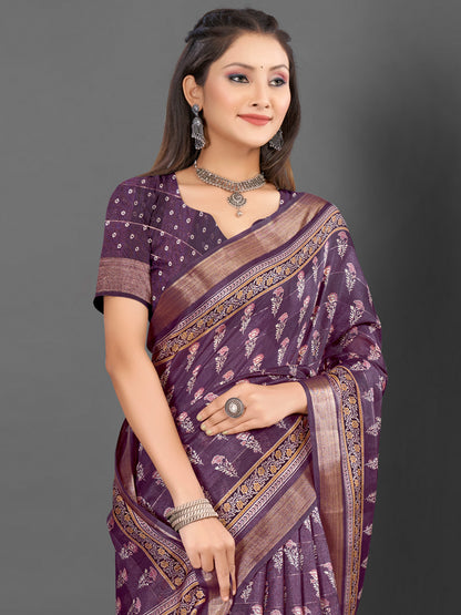 Women's Silk Blend Burgundy Printed Designer Saree With Blouse Piece