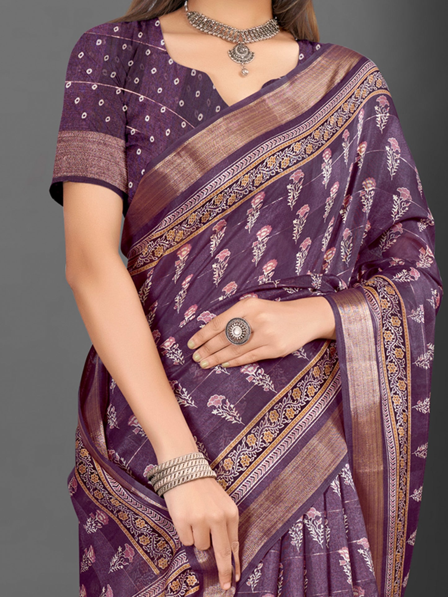 Women's Silk Blend Burgundy Printed Designer Saree With Blouse Piece