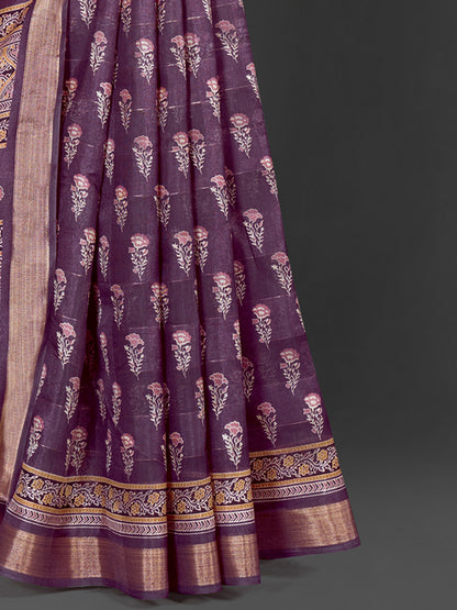Women's Silk Blend Burgundy Printed Designer Saree With Blouse Piece