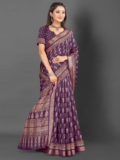Women's Silk Blend Burgundy Printed Designer Saree With Blouse Piece
