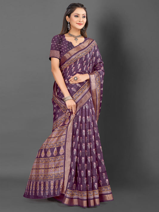 Women's Silk Blend Burgundy Printed Designer Saree With Blouse Piece