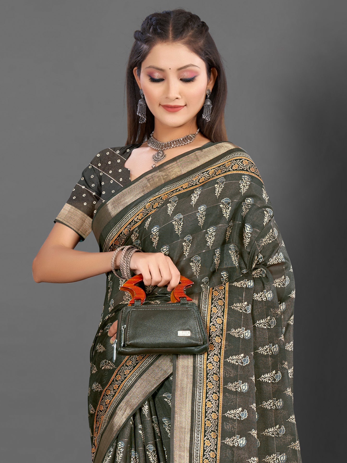 Women's Silk Blend Olive Printed Designer Saree With Blouse Piece