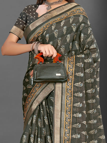 Women's Silk Blend Olive Printed Designer Saree With Blouse Piece