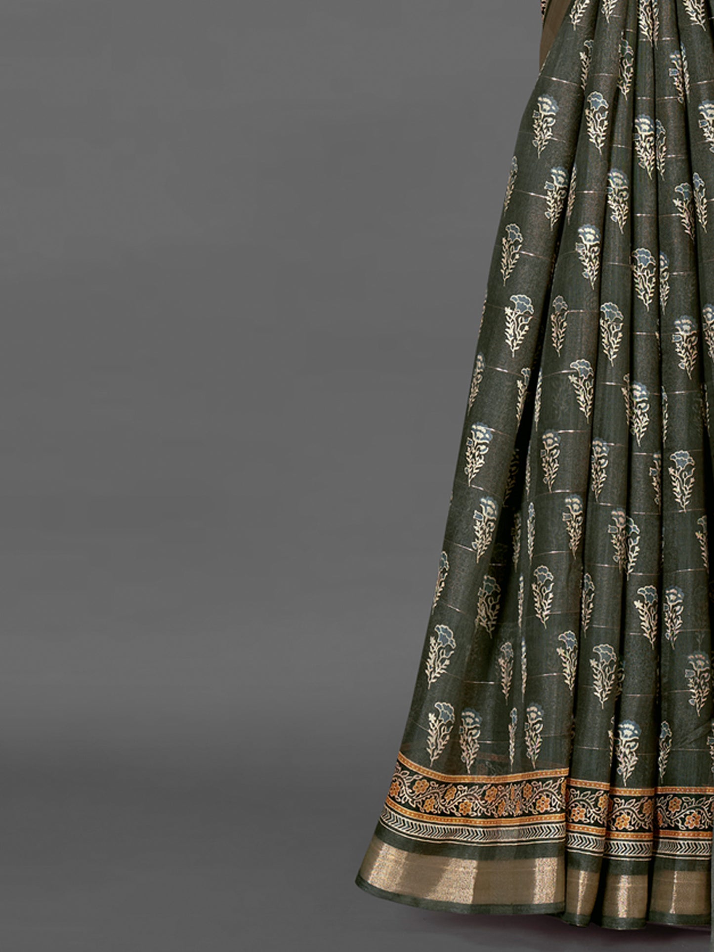 Women's Silk Blend Olive Printed Designer Saree With Blouse Piece