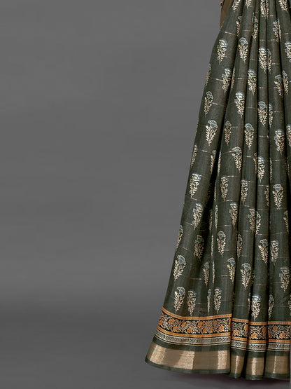 Women's Silk Blend Olive Printed Designer Saree With Blouse Piece