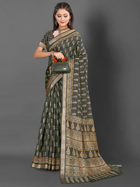 Women's Silk Blend Olive Printed Designer Saree With Blouse Piece