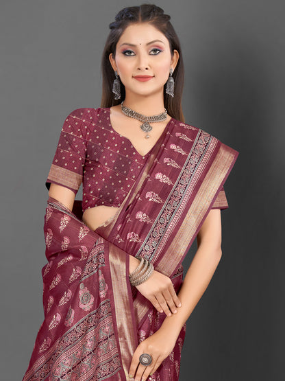 Women's Silk Blend Magenta Printed Designer Saree With Blouse Piece
