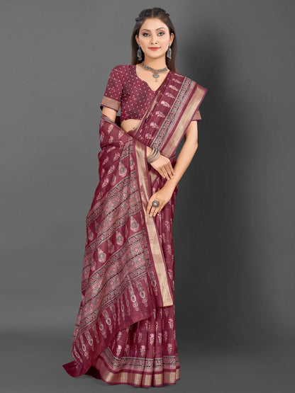 Women's Silk Blend Magenta Printed Designer Saree With Blouse Piece