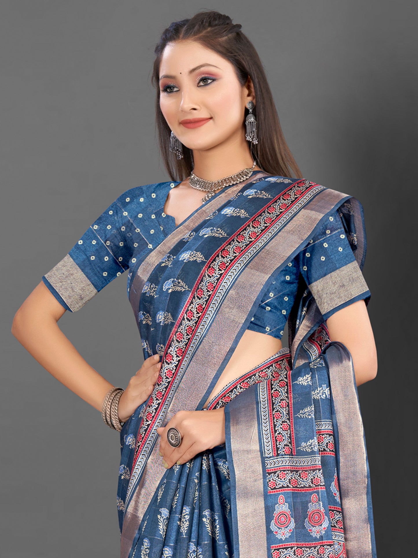 Women's Silk Blend Teal blue Printed Designer Saree With Blouse Piece
