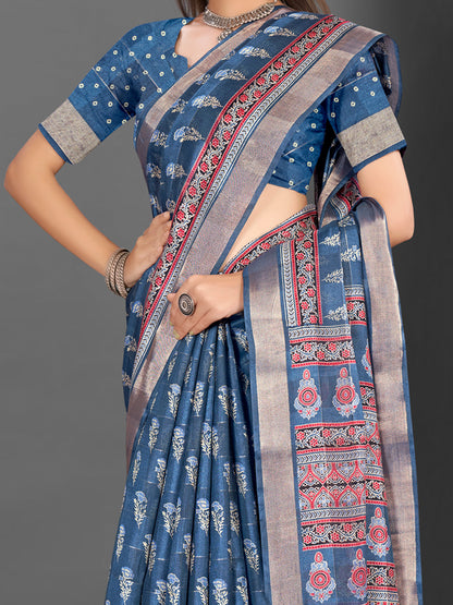 Women's Silk Blend Teal blue Printed Designer Saree With Blouse Piece