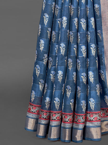 Women's Silk Blend Teal blue Printed Designer Saree With Blouse Piece