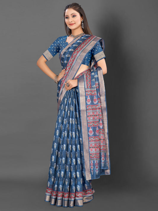 Women's Silk Blend Teal blue Printed Designer Saree With Blouse Piece