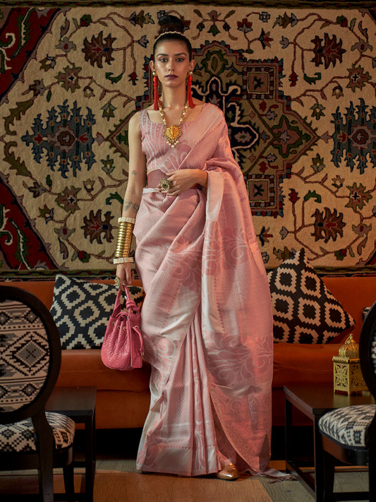 Women's Silk Blend Off White Woven Design Handloom Saree With Blouse Piece