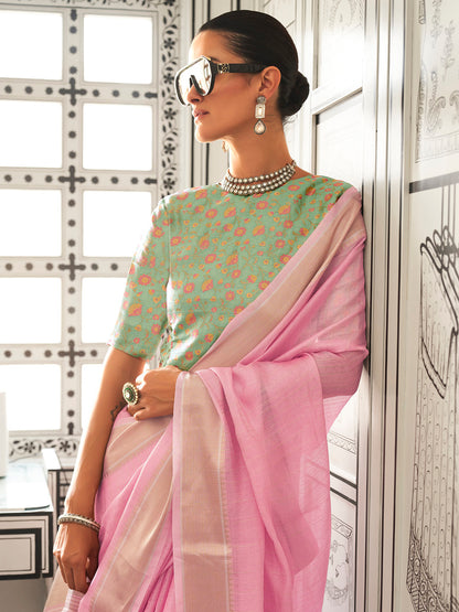Women's Pure Chiffon Light Green Woven Design Designer Saree With Blouse Piece