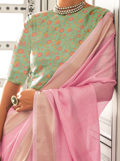 Women's Pure Chiffon Light Green Woven Design Designer Saree With Blouse Piece