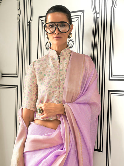 Women's Pure Chiffon Cream Woven Design Designer Saree With Blouse Piece