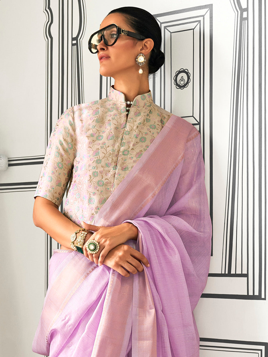 Women's Pure Chiffon Cream Woven Design Designer Saree With Blouse Piece