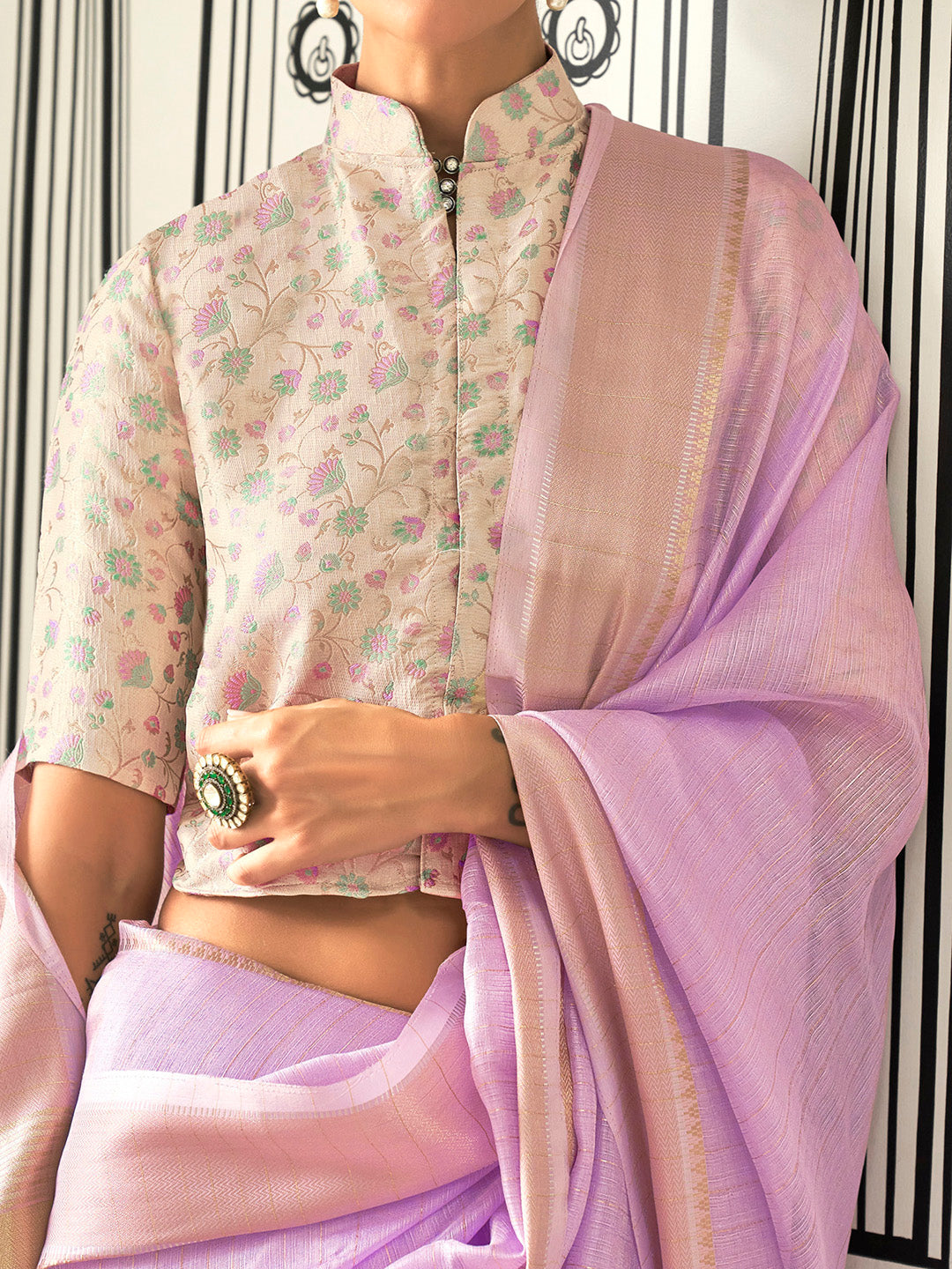 Women's Pure Chiffon Cream Woven Design Designer Saree With Blouse Piece