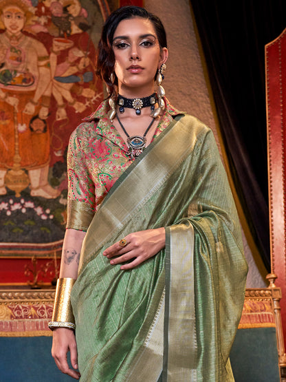 Women's Chiffon Light Green Woven Design Designer Saree With Blouse Piece