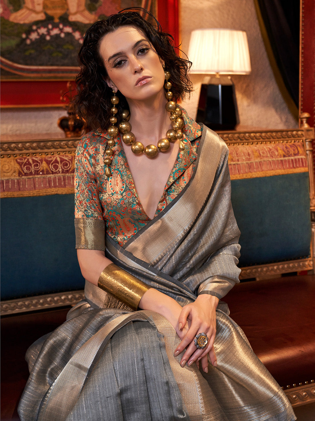 Women's Chiffon Grey Woven Design Designer Saree With Blouse Piece
