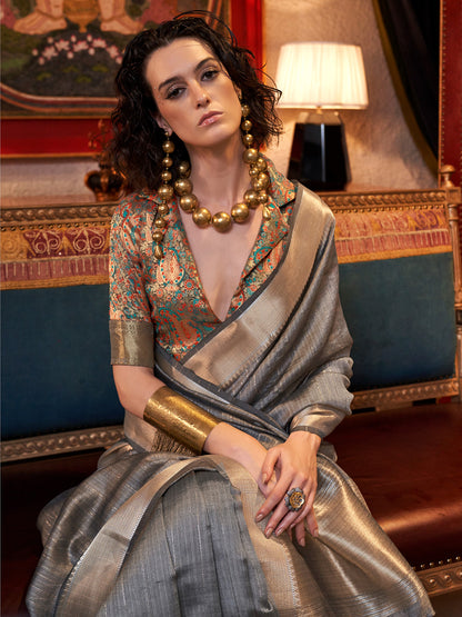 Women's Chiffon Grey Woven Design Designer Saree With Blouse Piece