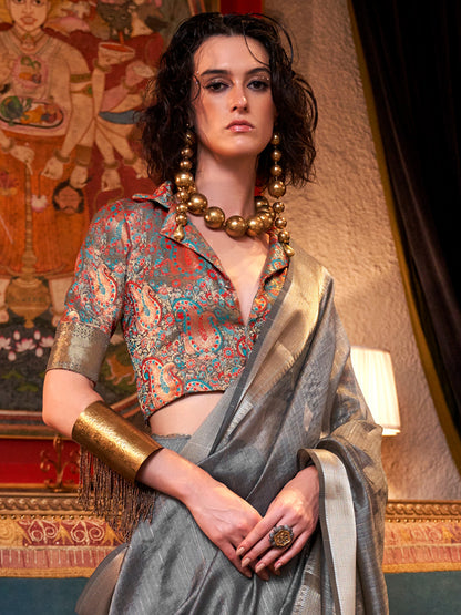 Women's Chiffon Grey Woven Design Designer Saree With Blouse Piece