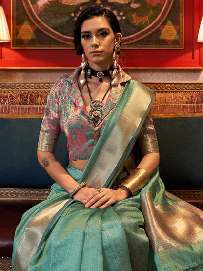 Women's Chiffon Turquoise Woven Design Designer Saree With Blouse Piece