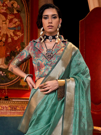 Women's Chiffon Turquoise Woven Design Designer Saree With Blouse Piece
