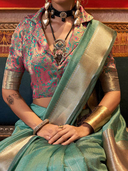 Women's Chiffon Turquoise Woven Design Designer Saree With Blouse Piece