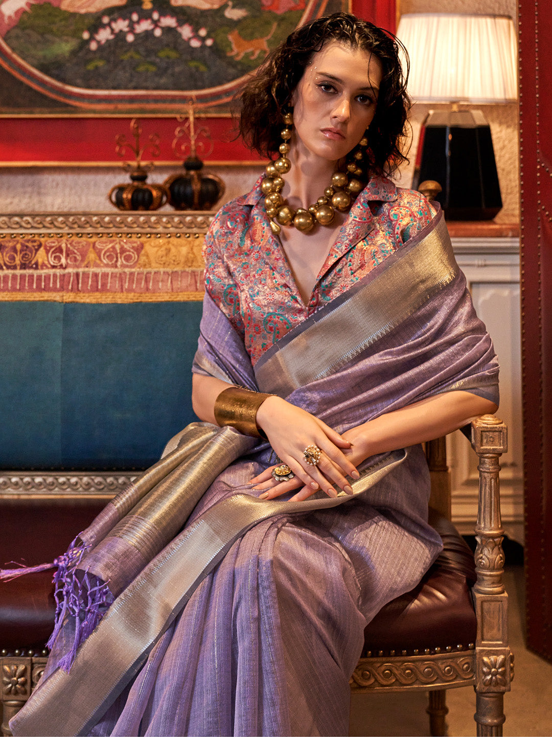 Women's Chiffon Lavendar Woven Design Designer Saree With Blouse Piece