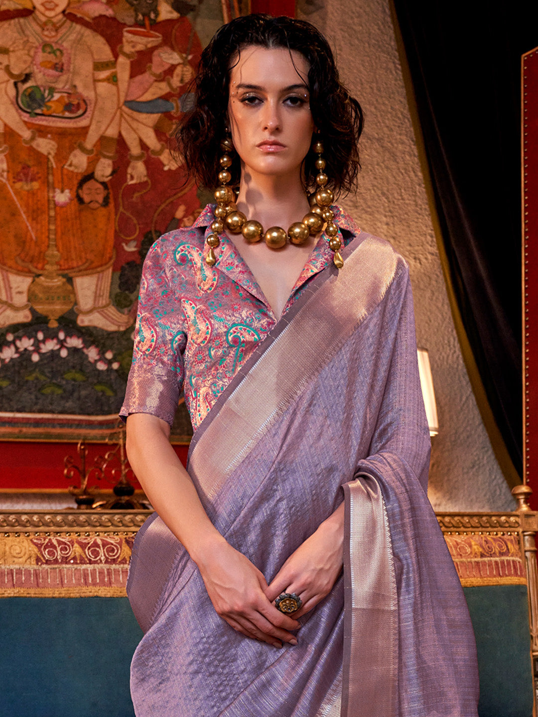 Women's Chiffon Lavendar Woven Design Designer Saree With Blouse Piece