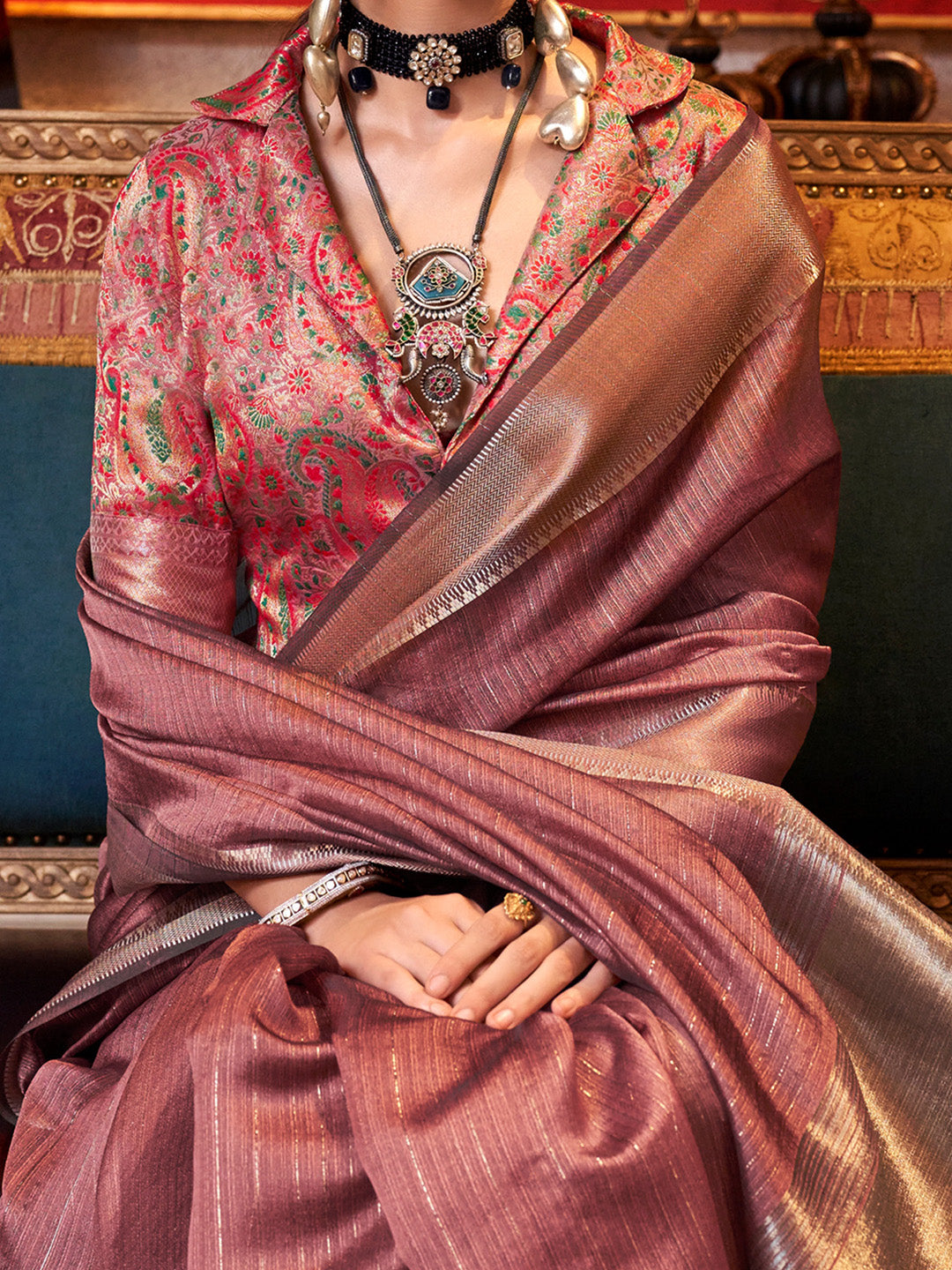 Women's Chiffon Brown Woven Design Designer Saree With Blouse Piece
