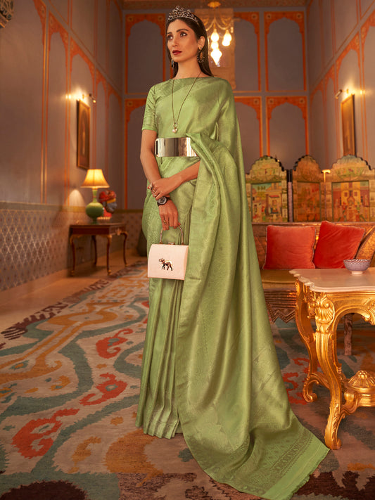 Women's Nylon Olive Woven Design Designer Saree With Blouse Piece